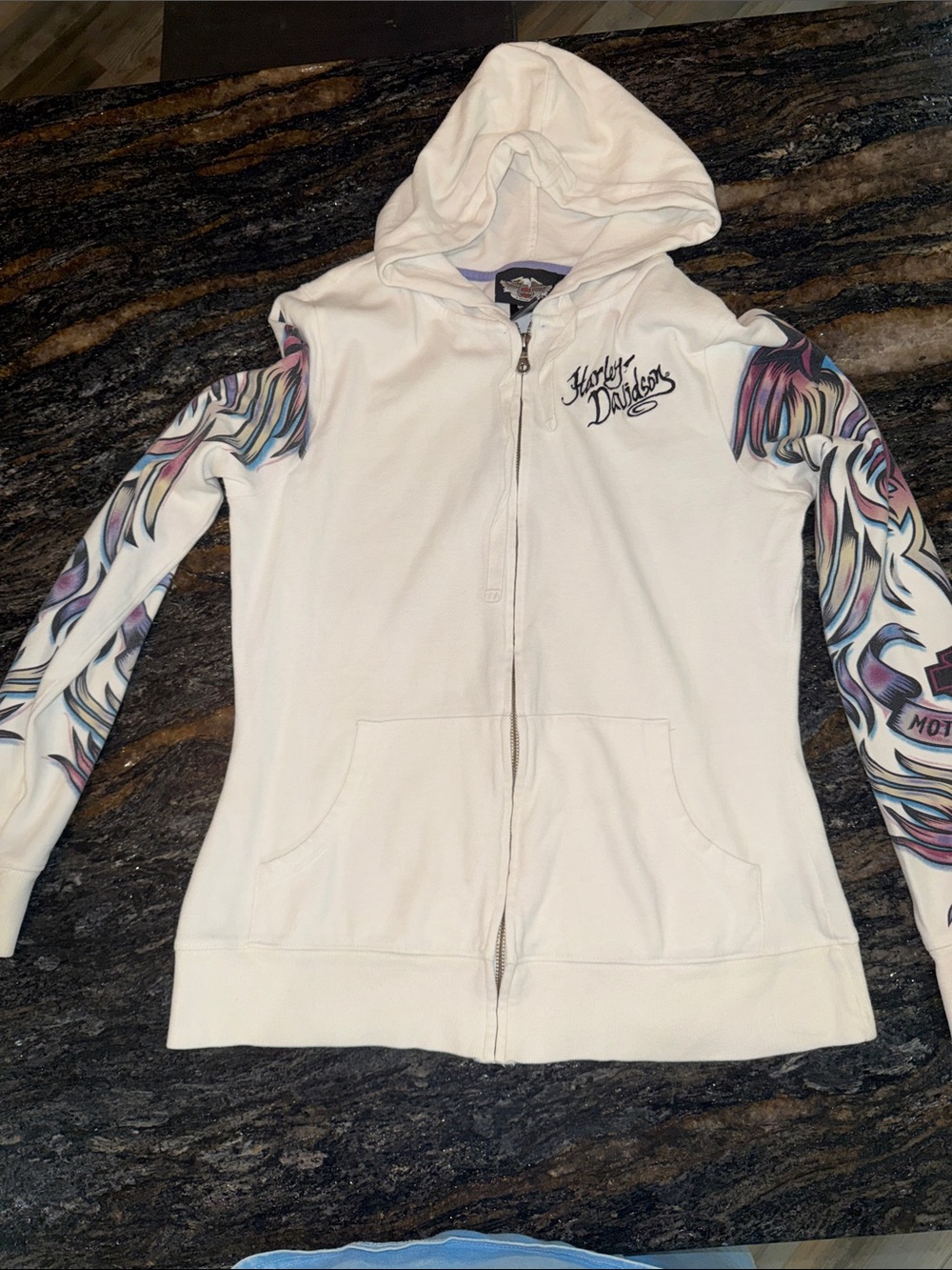 Harley-Davidson Cream Zip Hoodie with Multicolor Tattoo-Print Sleeves